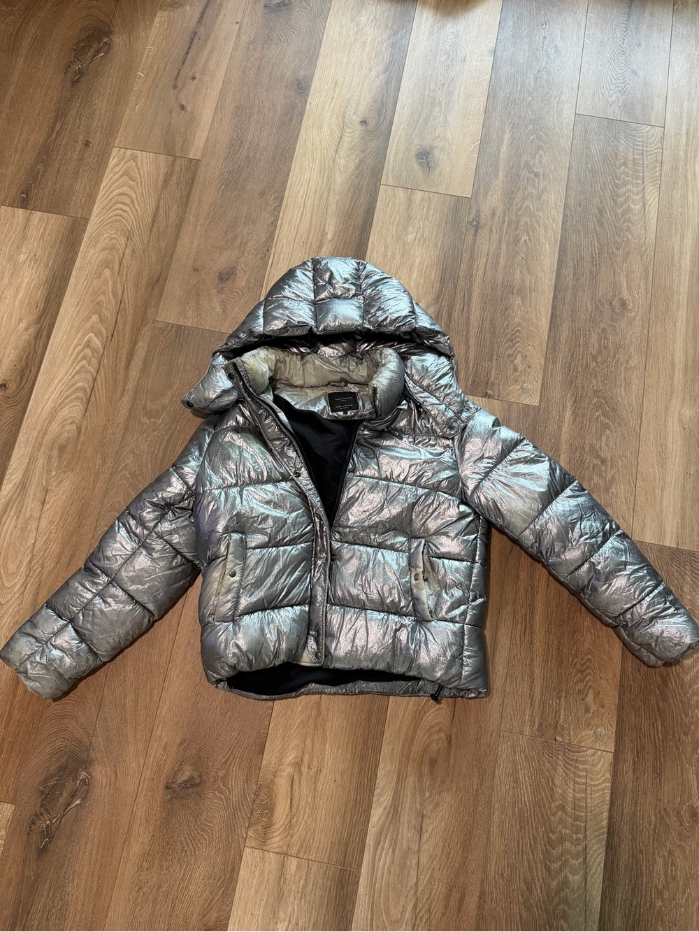 Zara Metallic Iridescent Silver Puffer Jacket with Hood